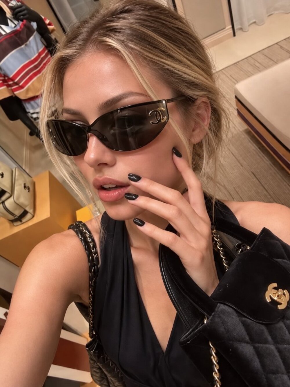 NWT CHANEL CH71787 Shield Sunglasses Black Gold CC Logo